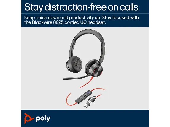 Poly Black wire 8225 Stereo MS Teams USB-C headset +USB-C/A