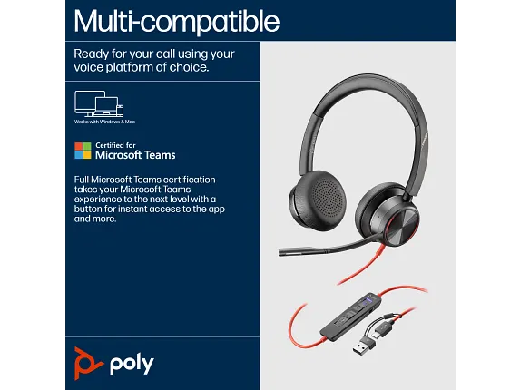Poly Black wire 8225 Stereo MS Teams USB-C headset +USB-C/A