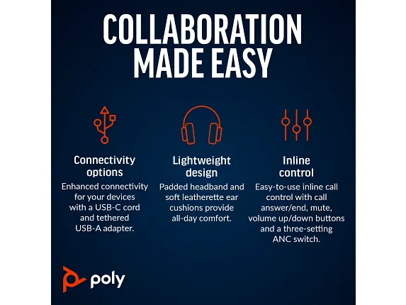 Poly Black wire 8225 Stereo MS Teams USB-C headset +USB-C/A